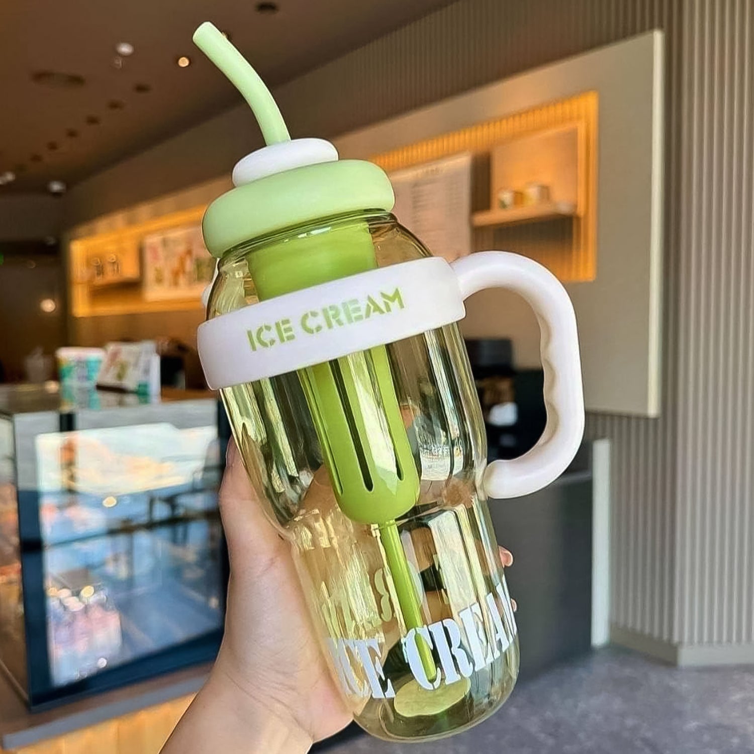 Approx 1300ml Large Capacity Cute Ice Cream Themed Water Bottle With Handle Straw  Fruit Infuser  Leakproof Sipper For Kids  Adults Approx 1300ml Large Capacity Cute Ice Cream Themed Water Bottle With Handle Straw  Fruit Infuser  Leakproof Sipper For Kids  Adults